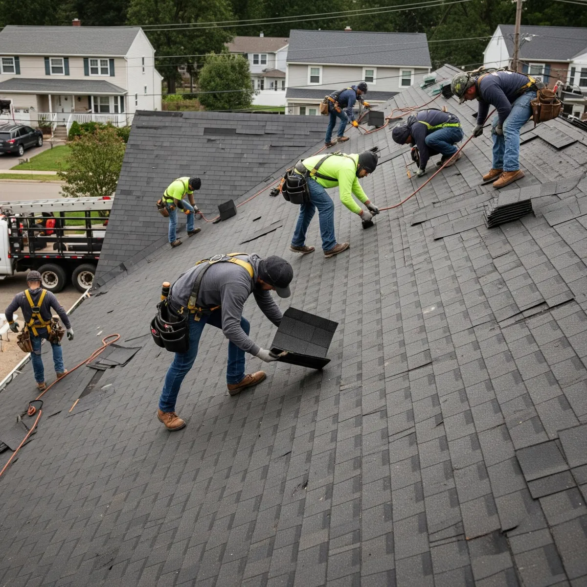Professional roofing crew installing asphalt shingles on a residential property