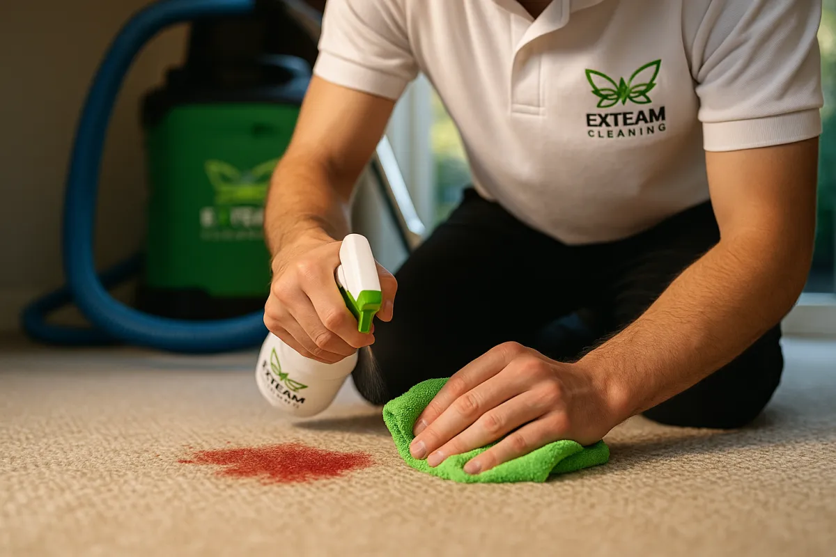 Professional technician carefully treating a red carpet stain