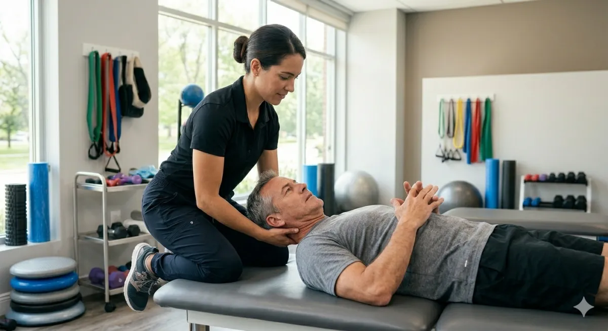 Physical therapist treating a patient after a whiplash injury
