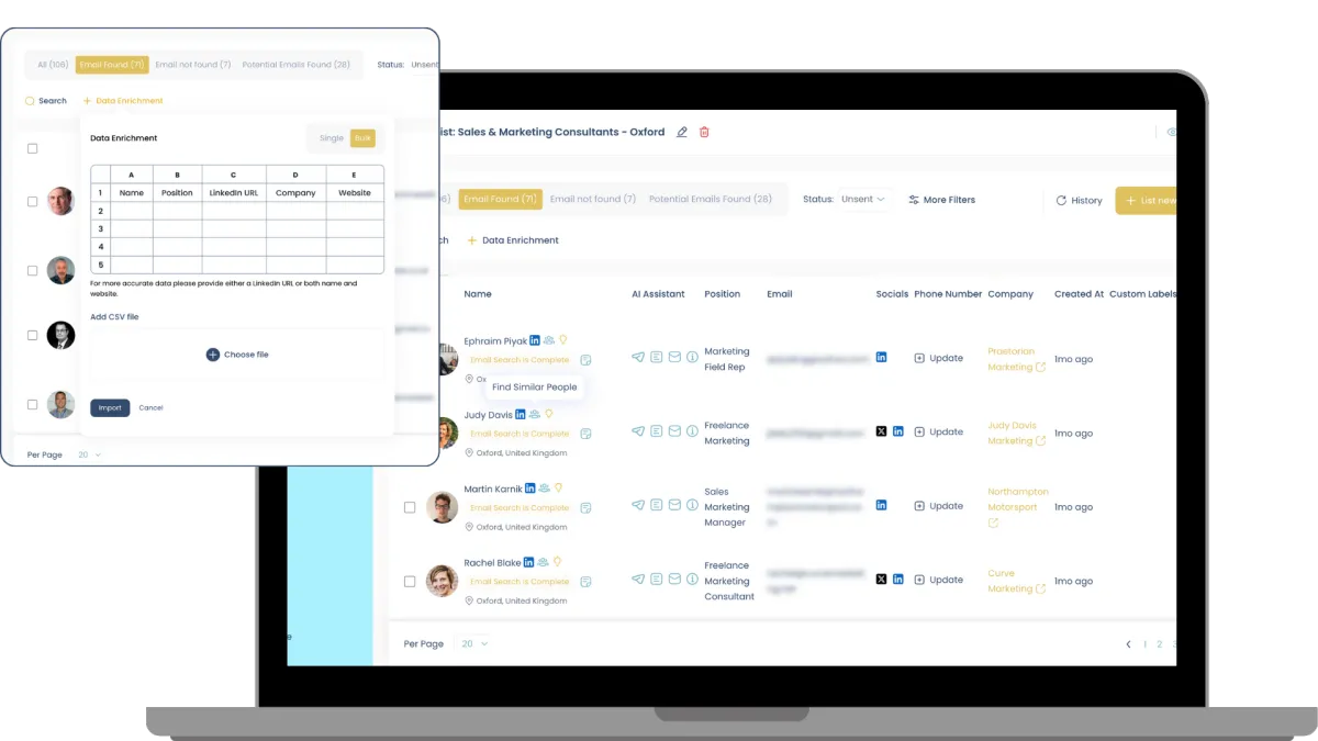 Data enrichment interface on laptop screen displaying lead information, including names, positions, and email statuses, for efficient lead management and outreach with Samai Lead Prospector.