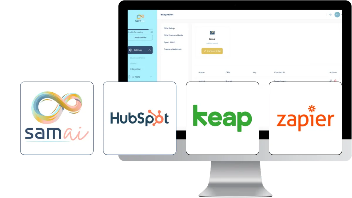 Samai Lead Prospector interface displaying integration options with HubSpot, Keap, and Zapier for seamless CRM connectivity.