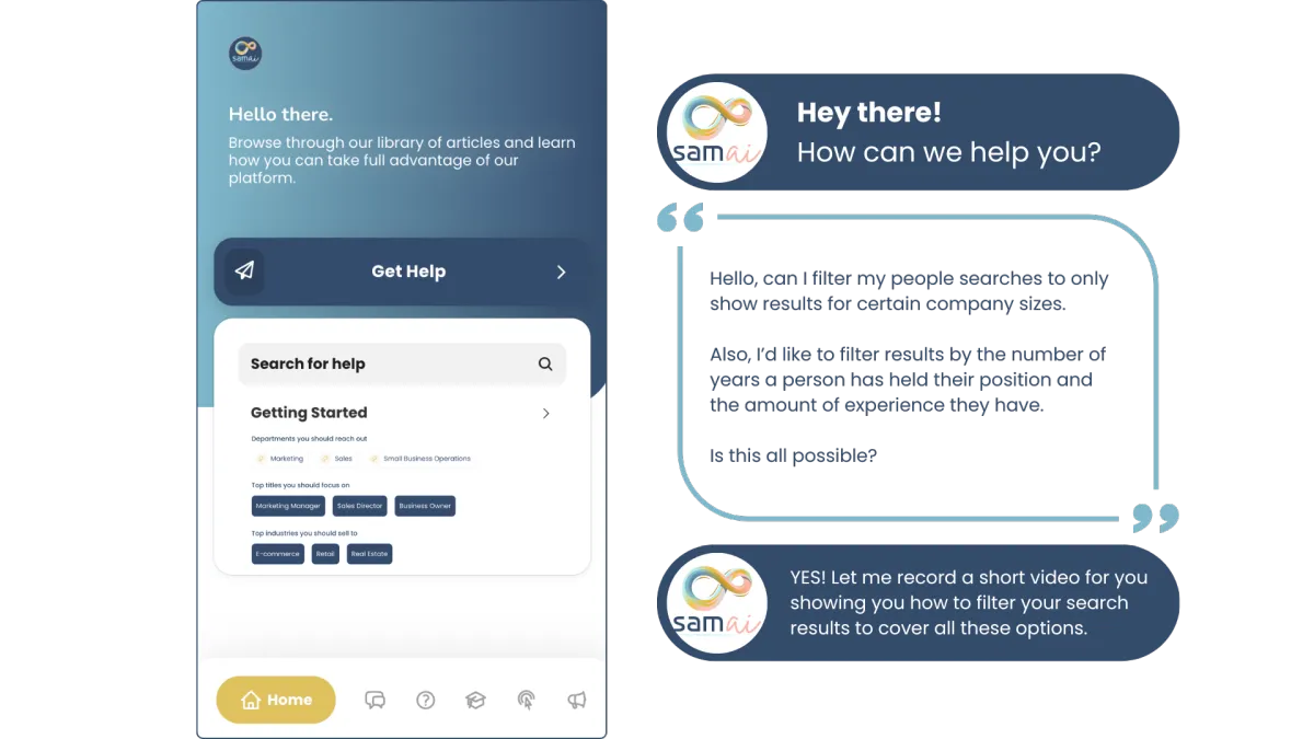 Support interface of Samai Lead Prospector showing help search options and user inquiry about filtering search results for lead generation.