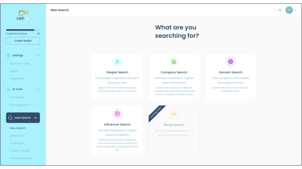 Lead Prospector interface showcasing various search options including People, Company, Domain, and Influencer Search for effective lead generation and prospecting.