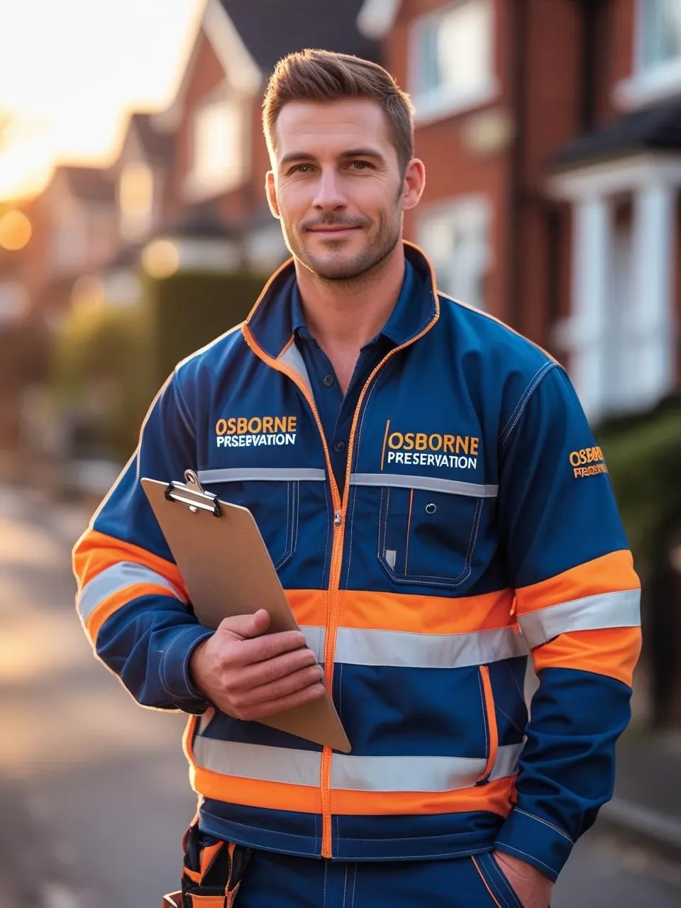 Osborne Preservation damp proofing specialist in hi-vis uniform holding inspection clipboard