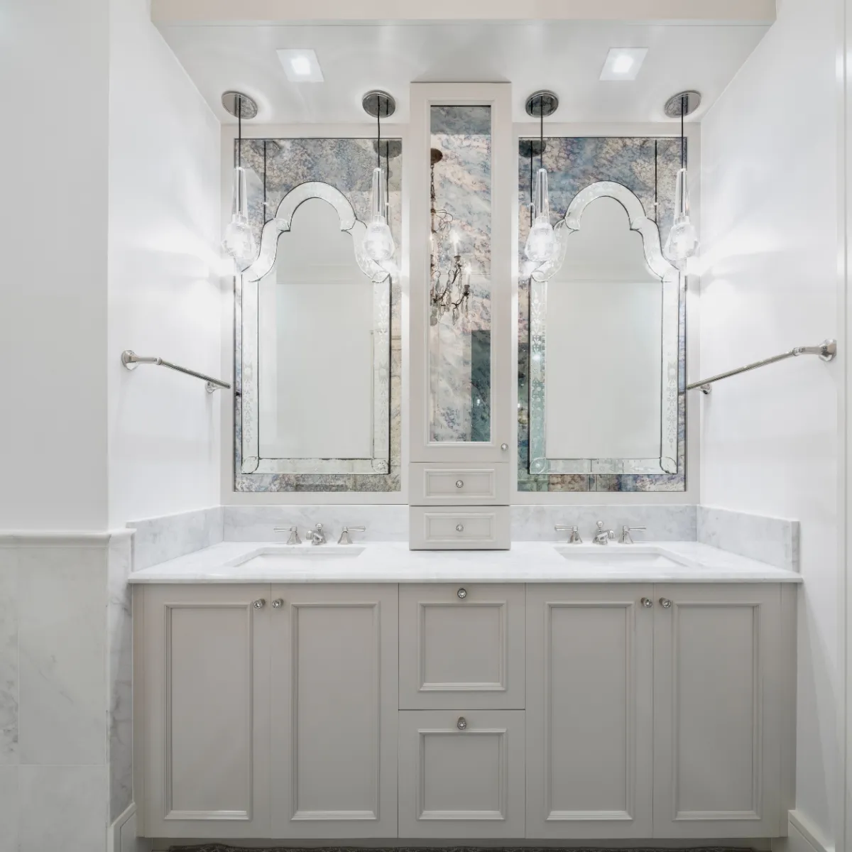 Custom bathroom renovation in Fort Worth showcasing double vanity, framed mirrors, and bright modern finishes.