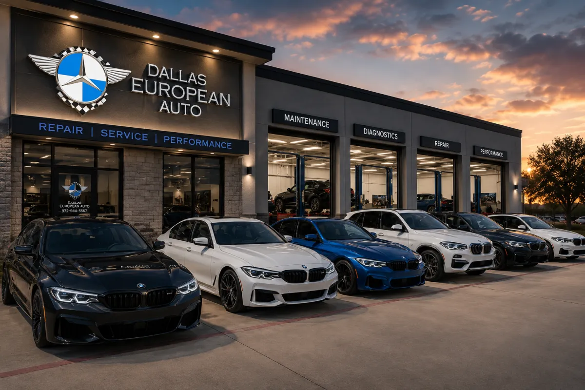 Luxury sports cars are parked in front of a garage.