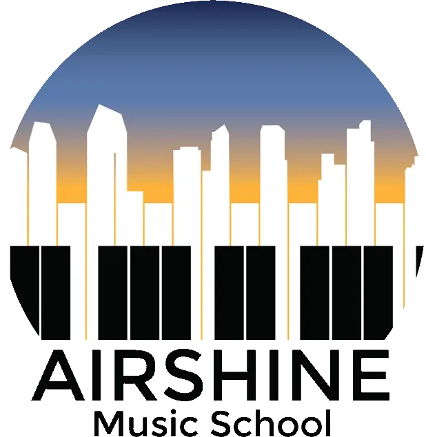 Airshine Music School Logo Piano Keys Skyline Yellow and Blue