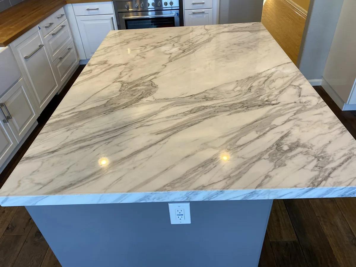 Polished marble kitchen countertop after professional cleaning by Rightway Stone and Carpet Care in San Jose