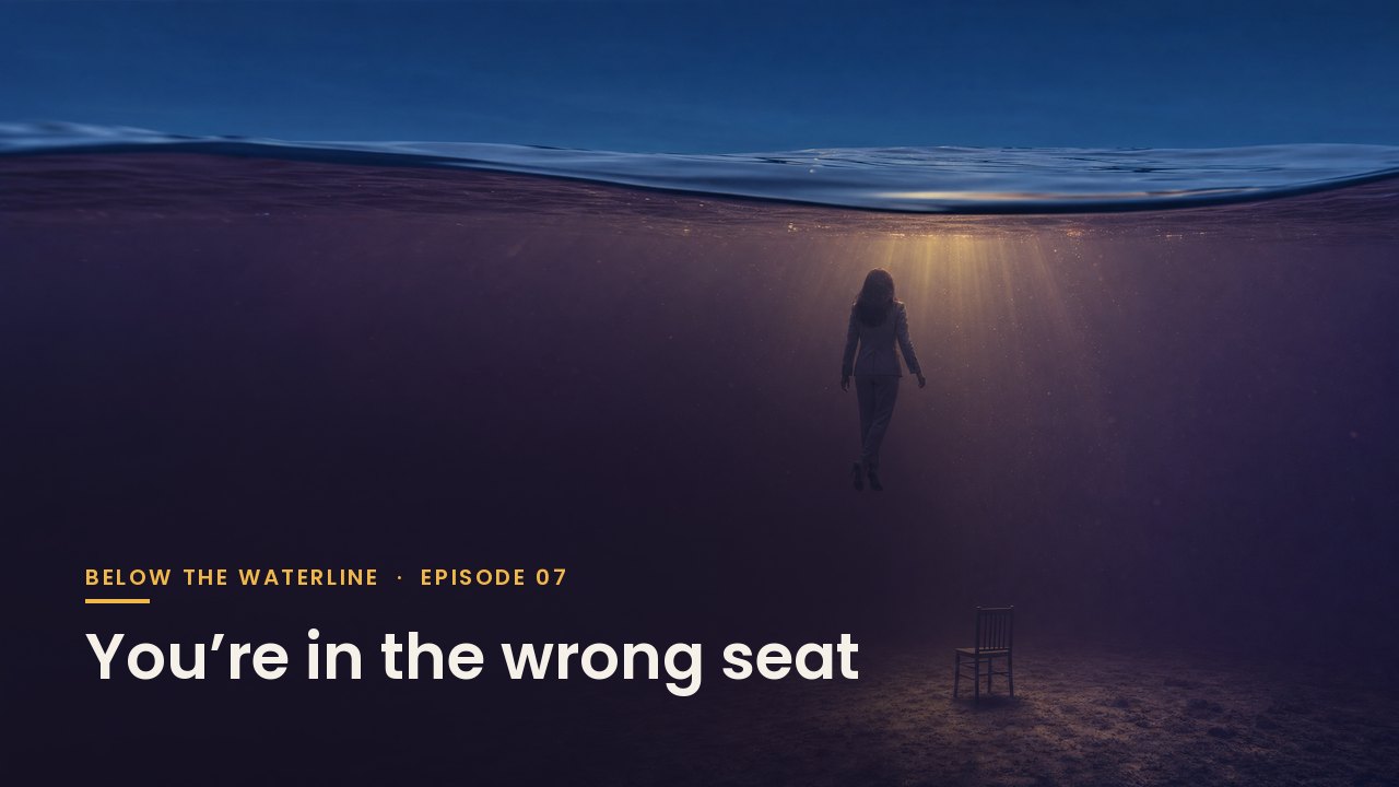 Below the Waterline episode 7 title card: a woman suspended below the waterline above an empty chair