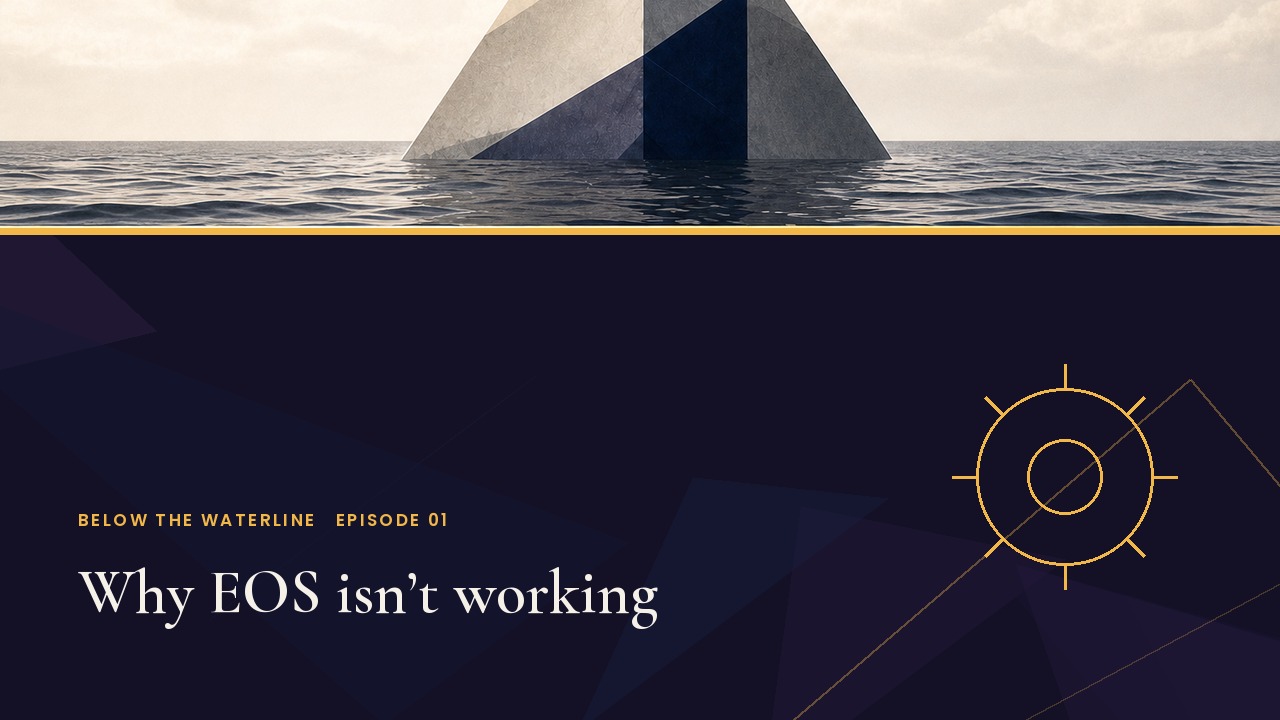 Below the Waterline episode 1 title card: the show's iceberg above a gold waterline, with a gear marked below it