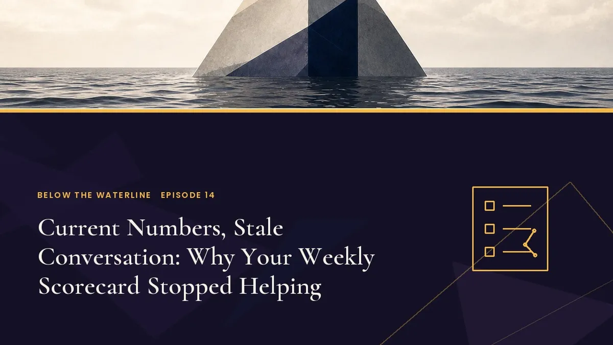 Below the Waterline Episode 14 title card: “Current Numbers, Stale Conversation: Why Your Weekly Scorecard Stopped Helping” over the series iceberg and gold waterline, with a scorecard and connected measures symbol.