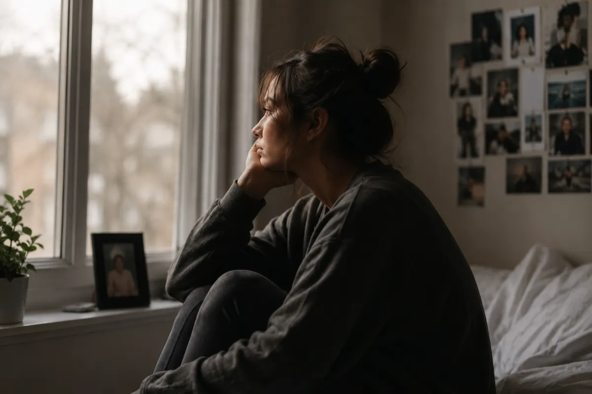 Young adult adoptee sitting by window reflecting on identity family and belonging