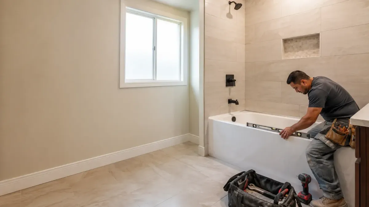 Remodeling contractor leveling and installing a new bathtub with tiled surround in a residential bathroom in Tulare, CA.