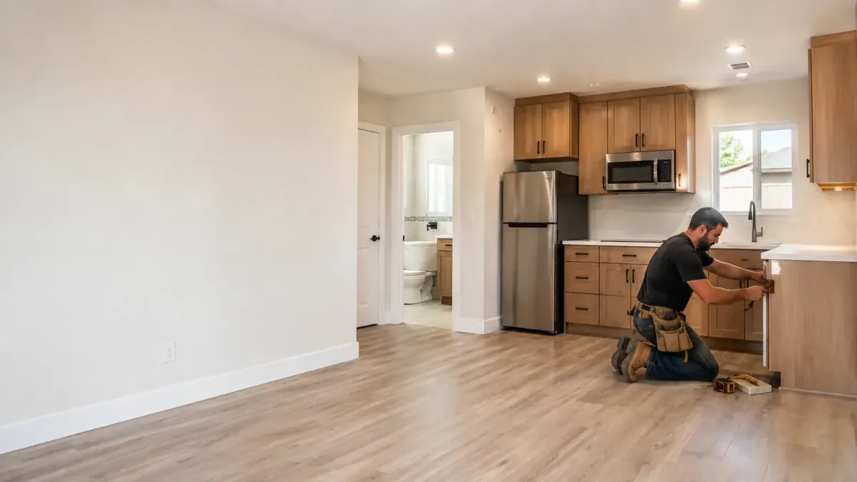 Contractor completing cabinetry and finish work inside a modern residential ADU conversion in Tulare, CA.