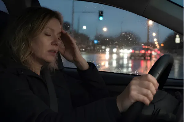 Fatigued driver navigating at night in Denver, Colorado