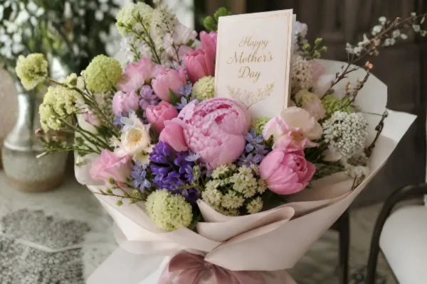 Elegant Mother’s Day bouquet with pink peonies, spring flowers, and a “Happy Mother’s Day” card