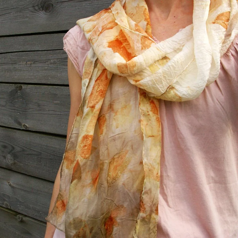 Eco printed silk scarf.