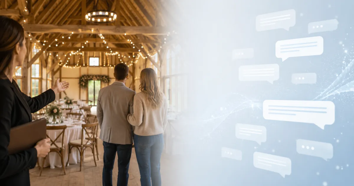 Split-frame composition of a wedding tour and an AI conversation interface, illustrating what AI wedding venue software actually does