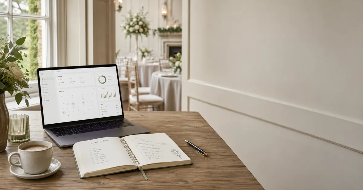 Wedding coordinator's desk with laptop and planning notebook, illustrating the buyer's guide to the best CRM for wedding venues UK