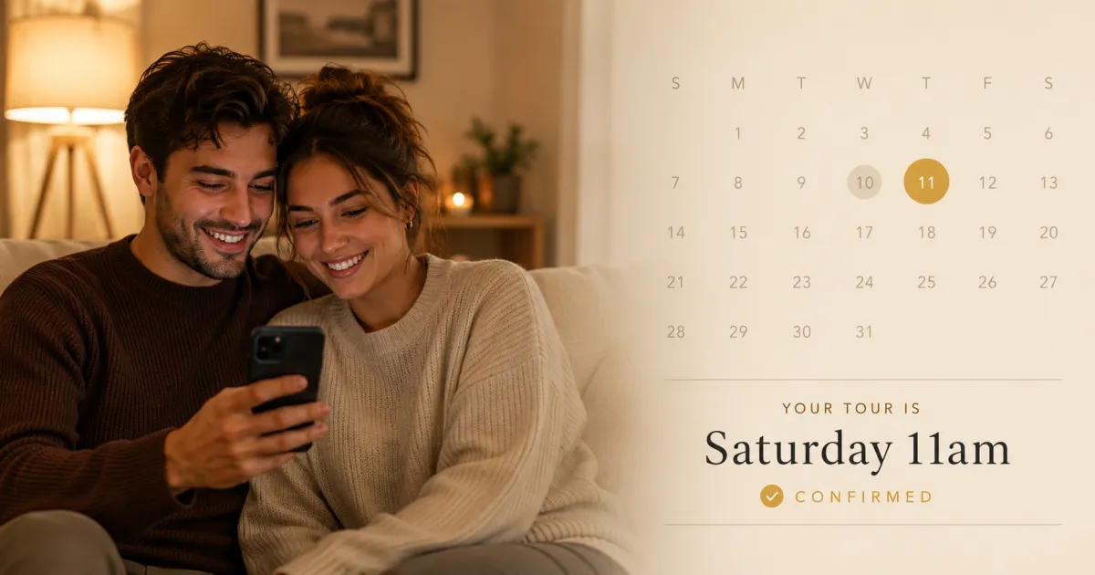 Couple at home looking at a smartphone alongside a calendar interface showing a confirmed tour booking, illustrating from visitor to tour without a human