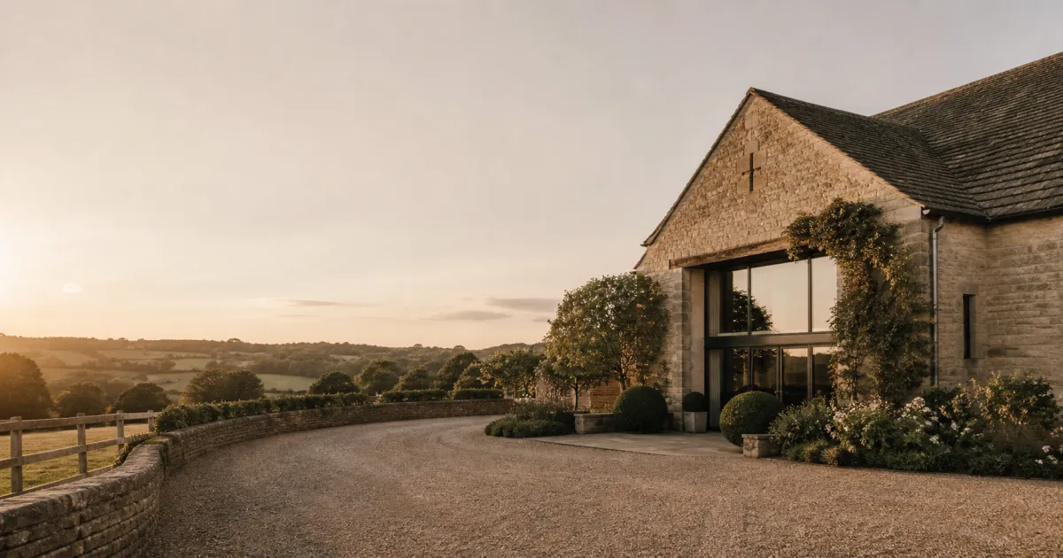 Editorial cover image: a UK wedding venue at golden hour, illustrating the 2026 State of UK Wedding Venue Enquiries report