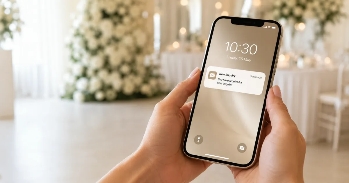 Smartphone showing a fresh wedding venue enquiry notification timestamped five minutes ago, illustrating the 5-Minute Rule
