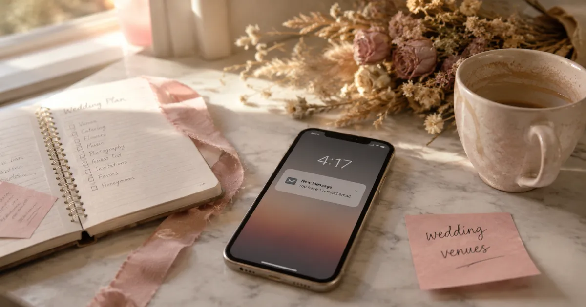 Smartphone with an unread email notification on a kitchen counter with wedding planning materials, illustrating the ghost lead problem