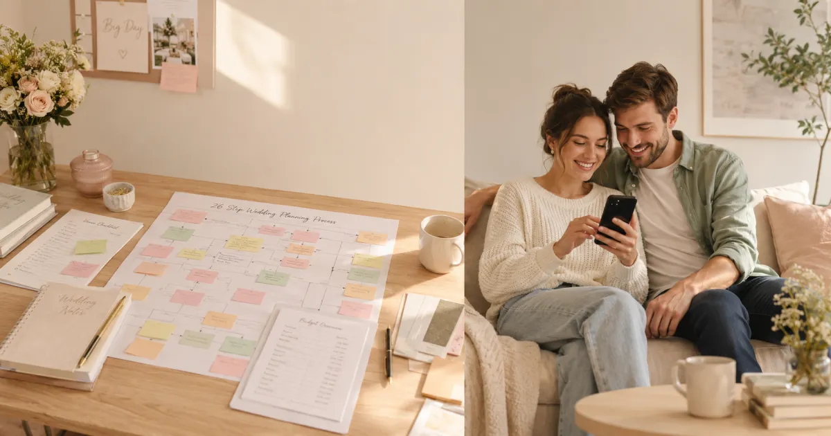 Editorial split-frame showing a structured nurture sequence plan and a couple smiling at a follow-up message on their phone, illustrating the 26-touch nurture sequence