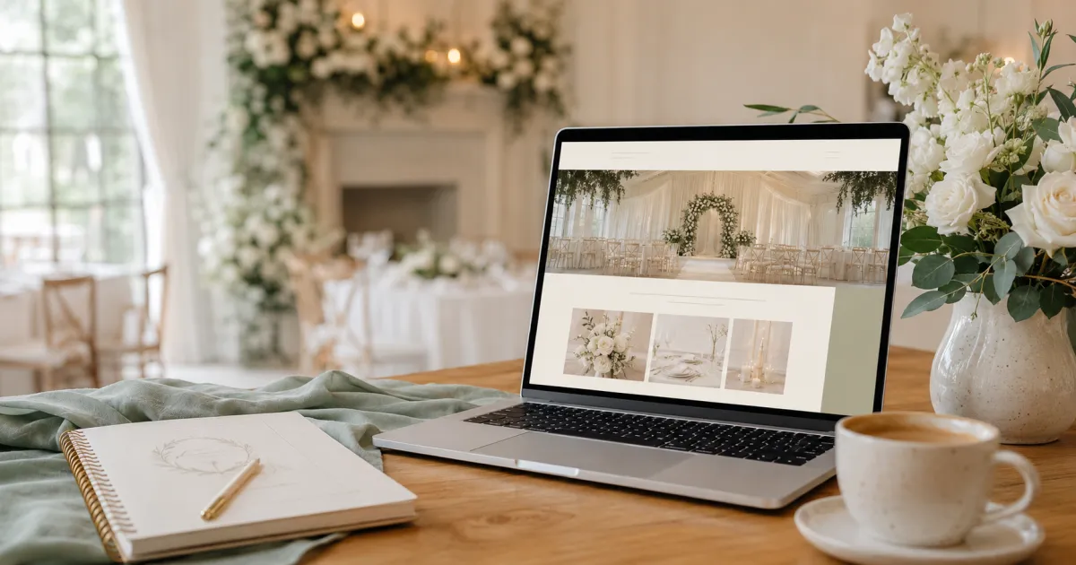 Laptop on a wedding venue workspace showing a clean, well-designed venue website mockup, illustrating what makes a venue website convert