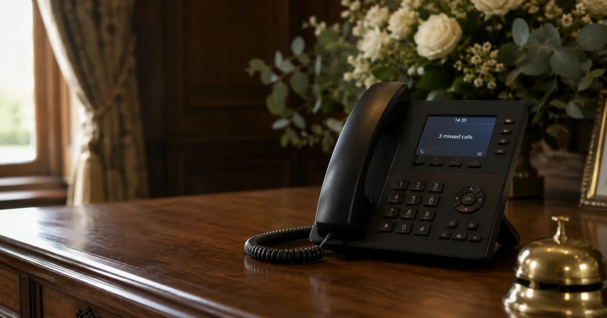 Elegant wedding venue desk phone showing three missed calls, illustrating the cost of missed phone enquiries