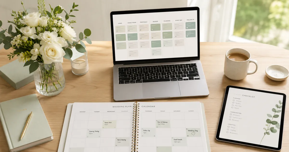 Organised wedding venue manager's desk showing automated workflow dashboards, illustrating why automation is now infrastructure for wedding venues