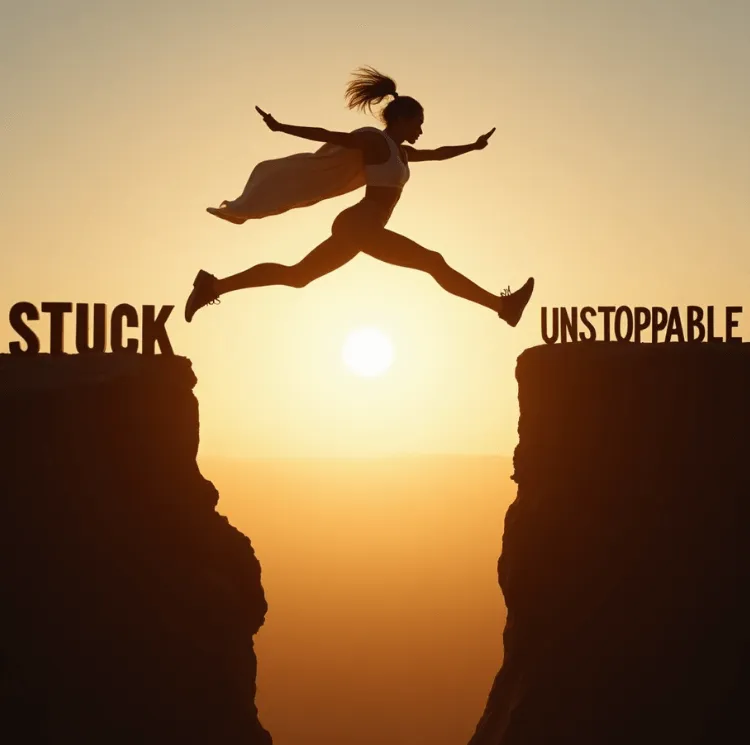 AI generated image of a person in silhouette, stepping over a chasm between two cliffs. On cliff has the word "stuck" on the top and the other "Unstoppable". The person is stepping from "stuck"to "unstoppable".