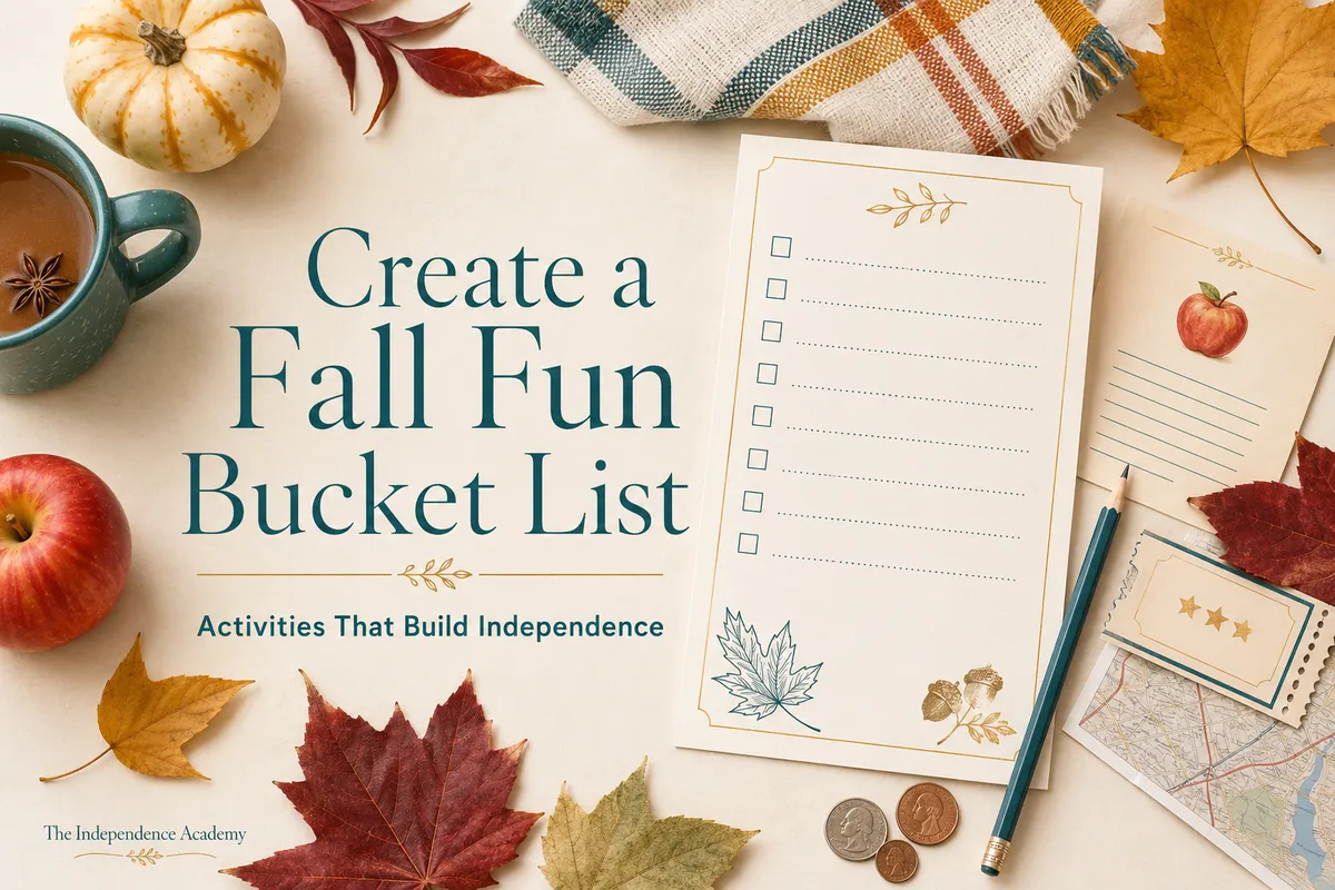 Fall themed flat lay featuring a blank bucket list, warm drink, apples, pumpkin, colorful leaves, map, ticket, coins, and pencil. Text reads, “Create a Fall Fun Bucket List: Activities That Build Independence,” with The Independence Academy in the lower corner.