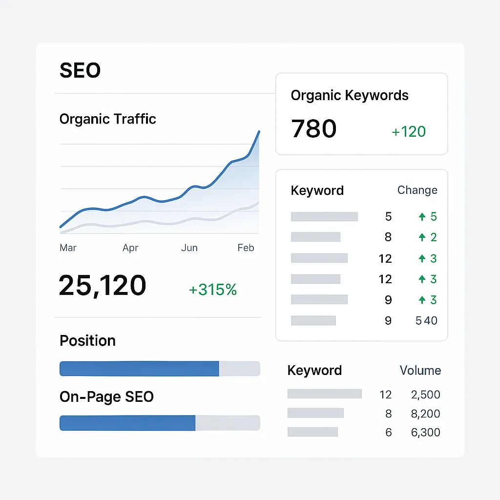 SEO analytics dashboard showing organic traffic growth and keyword rankings