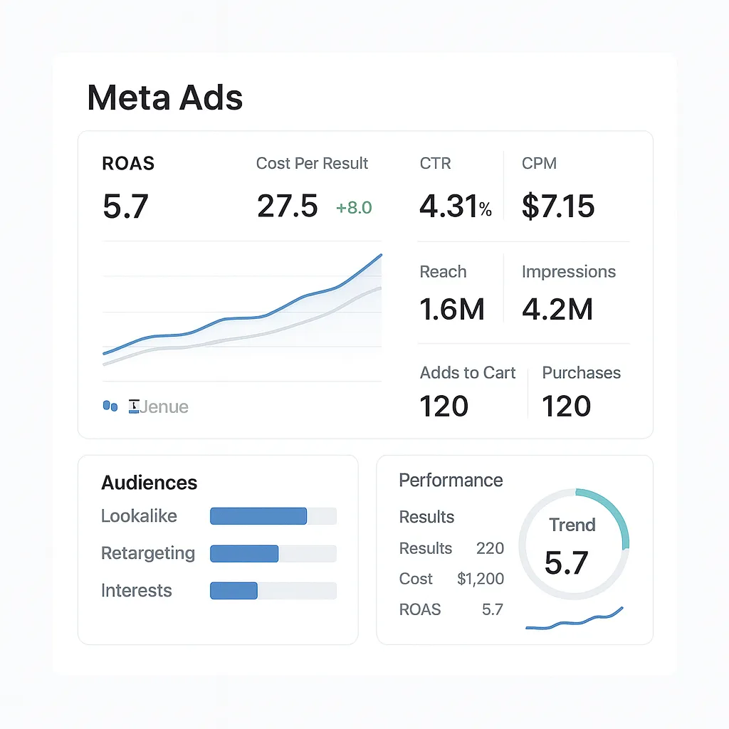 Meta Ads dashboard showing ROAS, cost per result, CTR, CPM, reach, impressions, adds to cart, purchases, and audience performance with growth trend charts