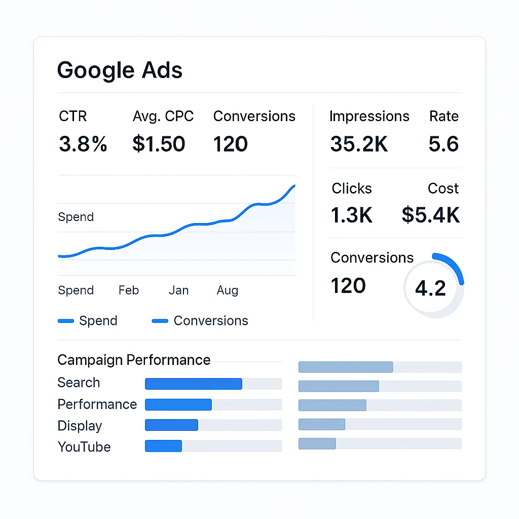 Google Ads dashboard showing CTR, average CPC, conversions, impressions, clicks, cost, ROAS, conversion rate, and campaign performance across Search, Performance Max, Display, and YouTube campaigns.