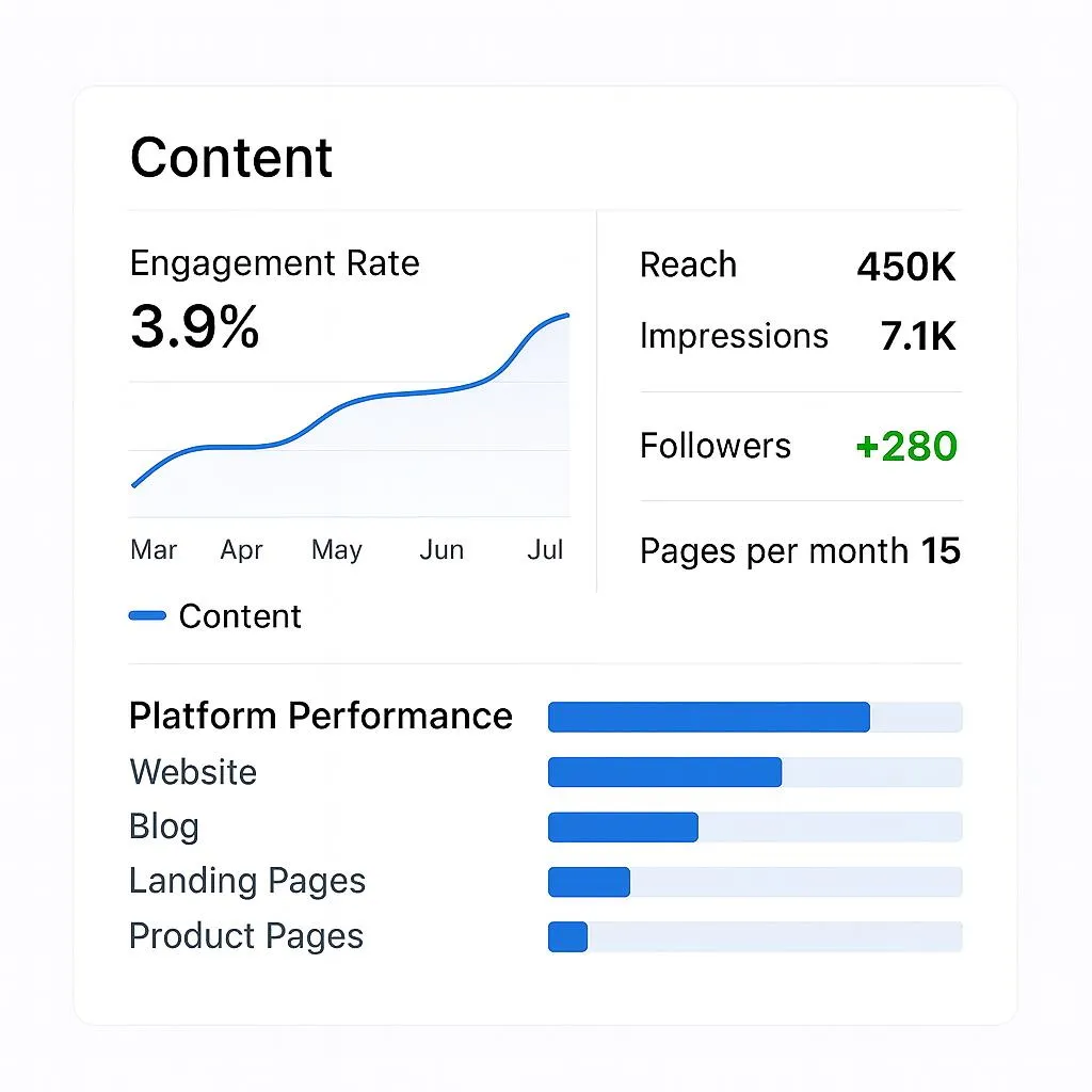 Content marketing dashboard showing blog traffic growth, engagement time, conversions, keyword rankings, bounce rate, and performance by content type.