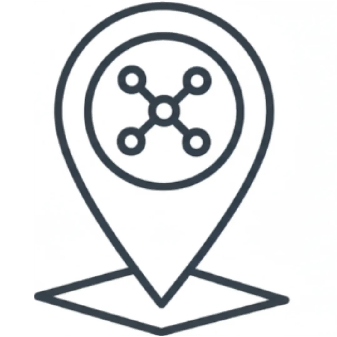 Listings Management icon showing a location pin with connected nodes, symbolizing local SEO and business directory management.