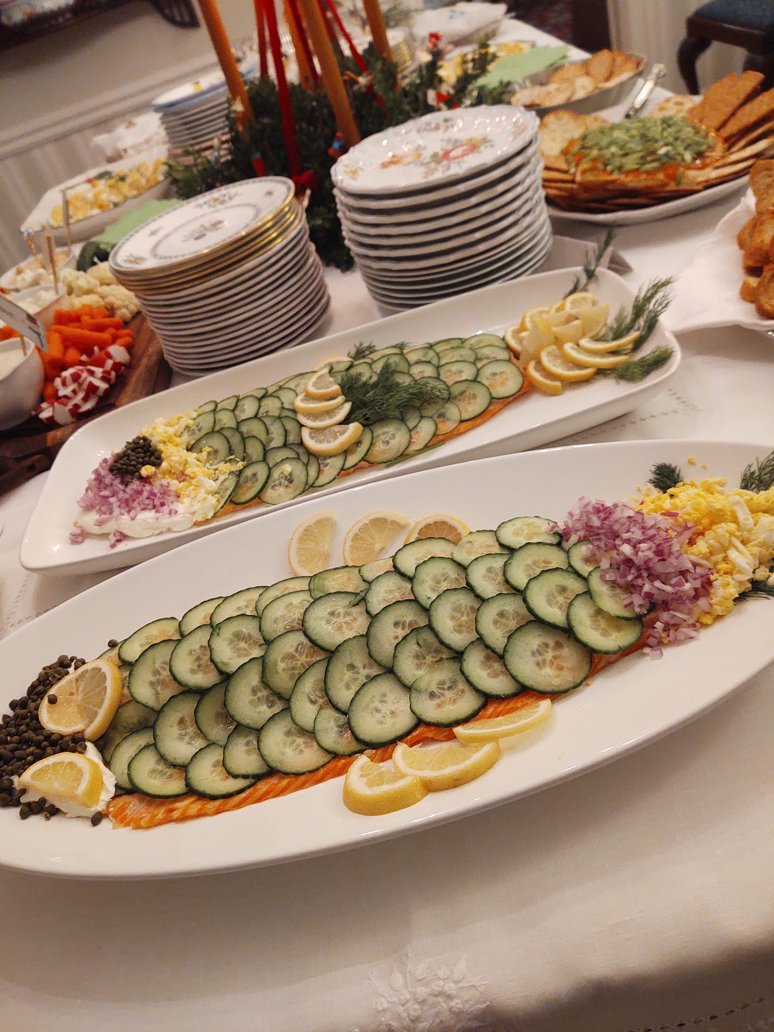 Fresh cucumber and seafood appetizer display prepared for a Foodie Call catered event