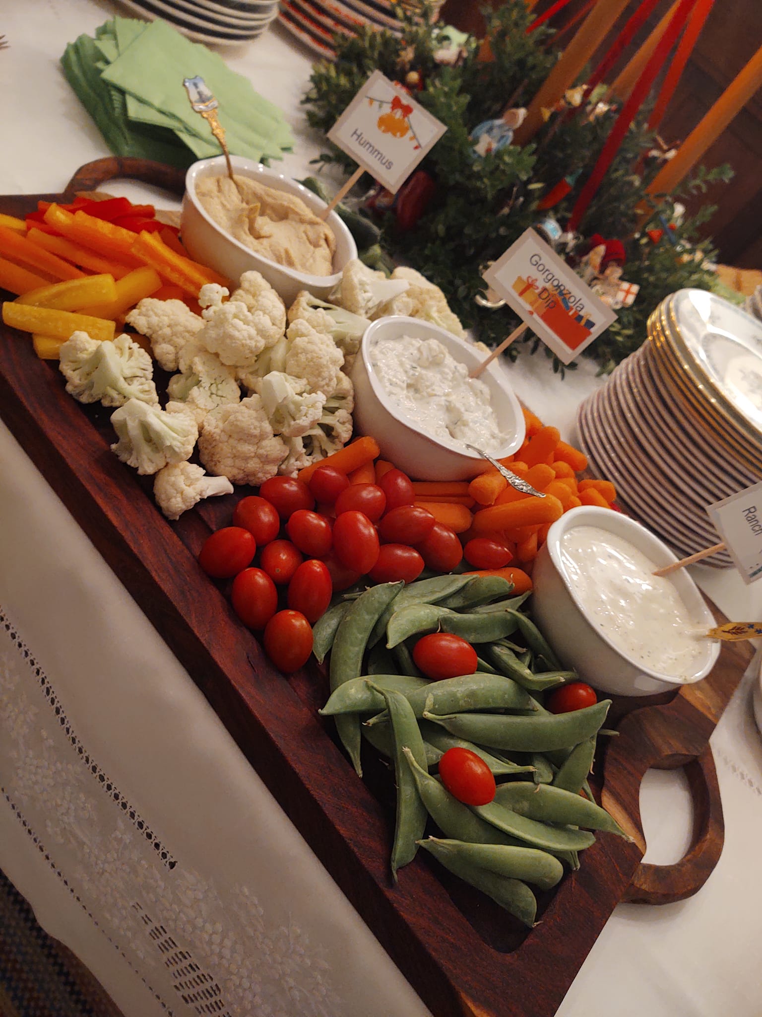 Crudité vegetable platter with fresh dips and seasonal vegetables arranged by Foodie Call