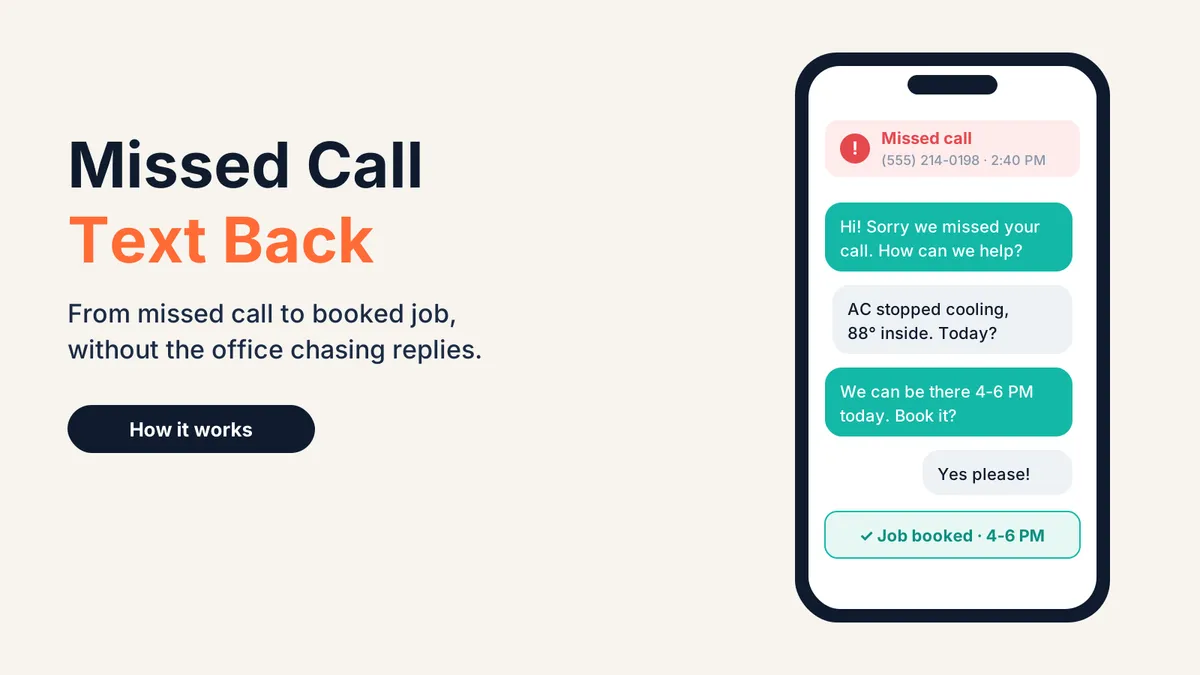 Phone showing a missed call followed by an automatic text conversation that ends with a booked HVAC appointment.