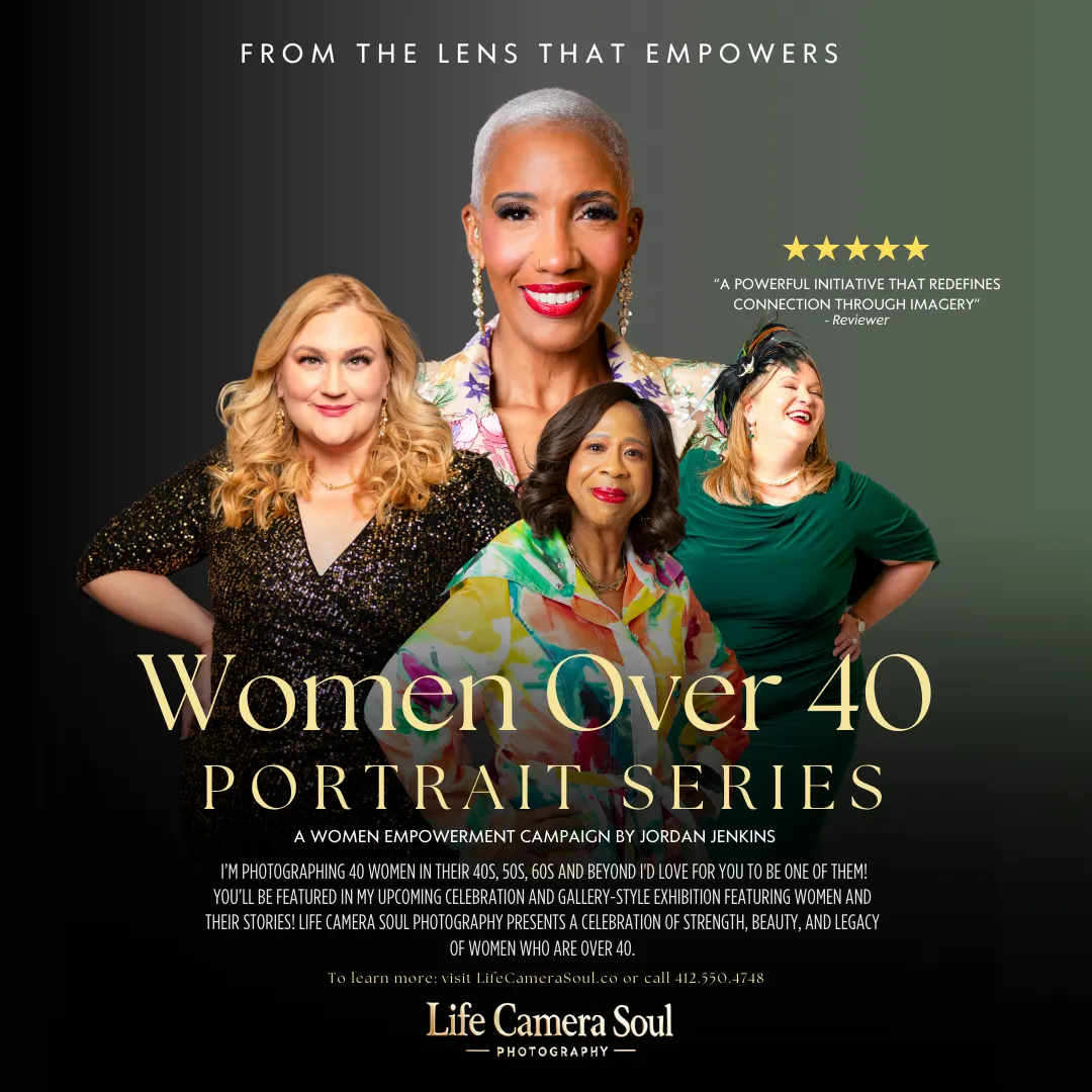 Promotional flyer for the “Women Over 40” portrait campaign by Life Camera Soul Photography, featuring elegant branding and a call to celebrate confidence, beauty, and legacy through empowering portraits.