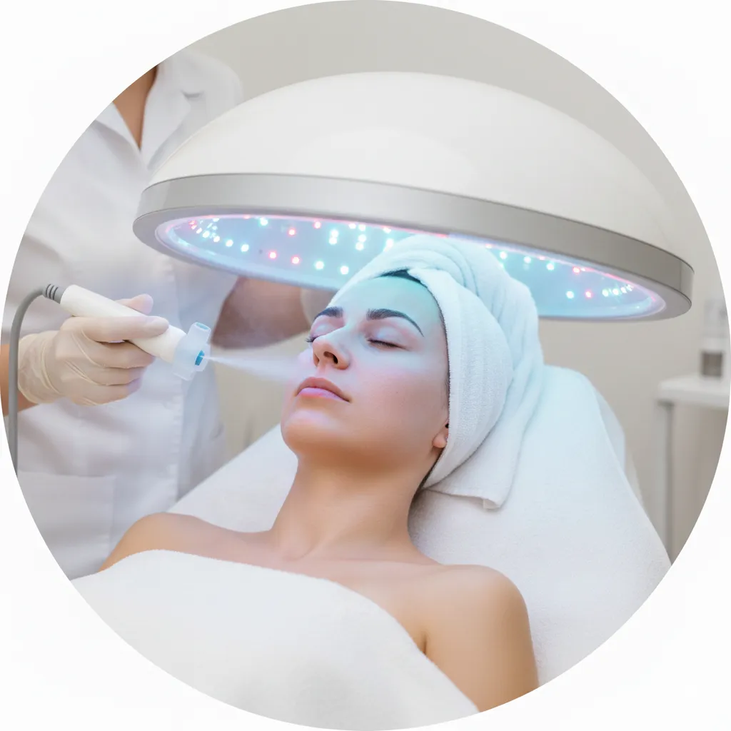 Therapeutic LED light therapy and oxygen infusion treatment for anti-aging, acne control, and a radiant skin glow.