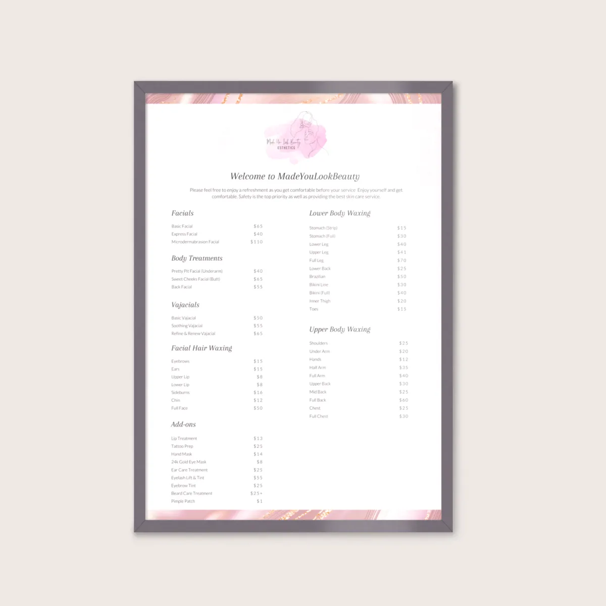 Service Menu Design for MadeYouLookBeauty Esthetics | Eugene Marketing & Consulting