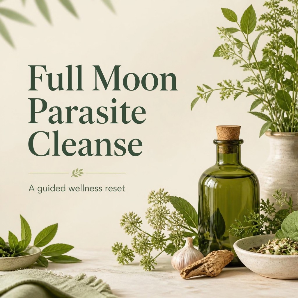 Full Moon Parasite cleanse, herbs, oils nutrition and diet with green and white colors