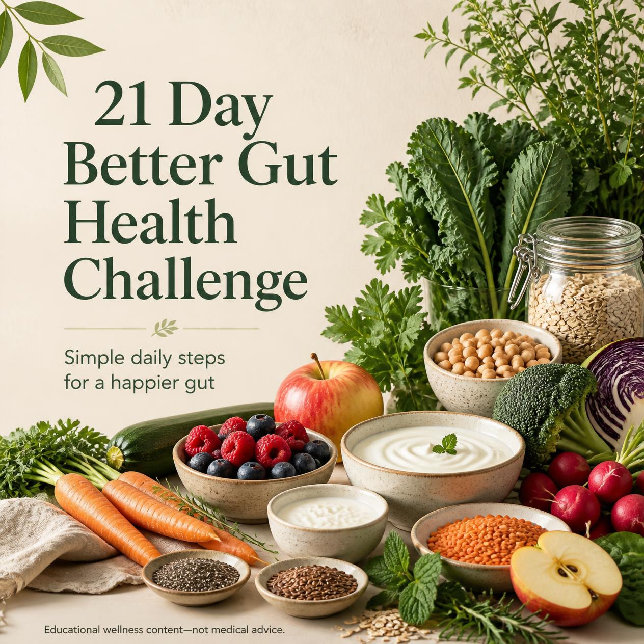 21 Day Better Gut  health challenge, fruits, veggies, fiber, lentils, healthy fats, fermented foods 