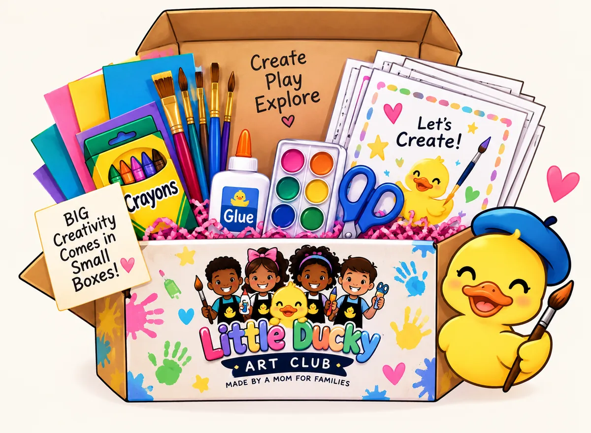 Charming playful illustration of an art kit box with paints and brushes
