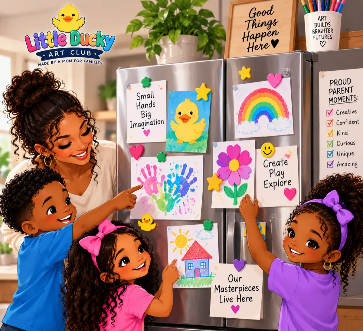 Charming playful illustration of framed colorful children artwork proudly displayed on a wall