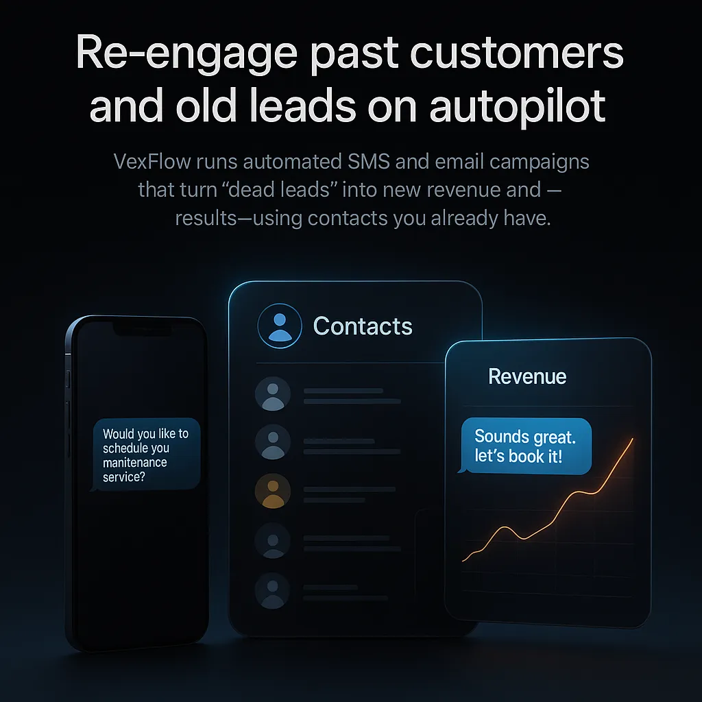 A business owner reconnecting with past clients via a futuristic dashboard, neon pink and blue highlights, and glass interface elements.