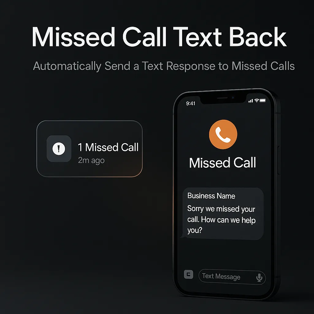 A flat-style illustration showing a small business owner in a modern office, glancing at a smartphone displaying a new text message notification after a missed call. The background features subtle office elements, and the color palette uses blue gradients to match the brand.